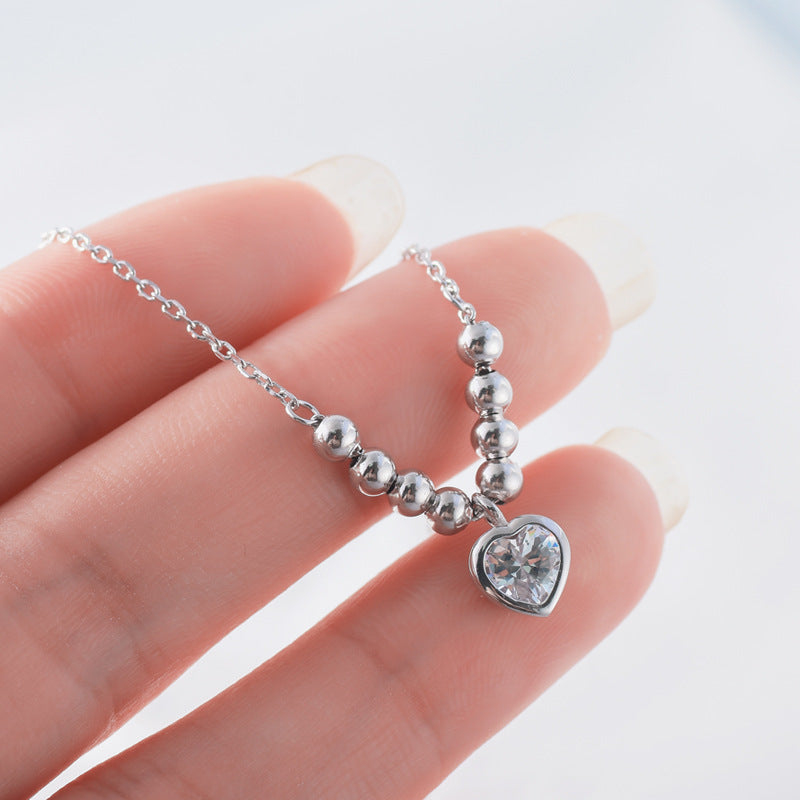 Single Heart-shape Zircon with Round Beads Silver Bracelet for Women