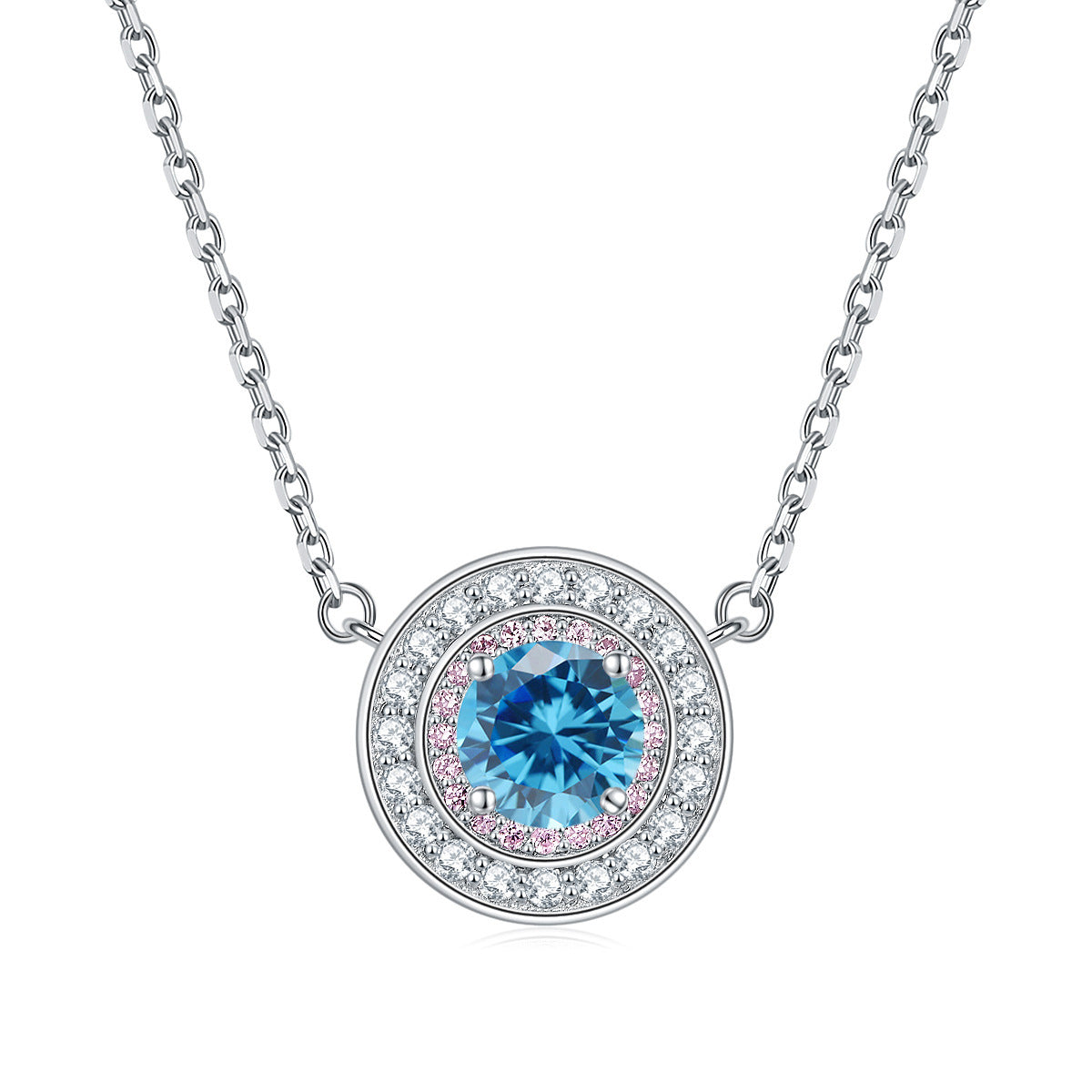 Colourful Round Zircon Soleste Halo Pendant Silver Necklace for Women