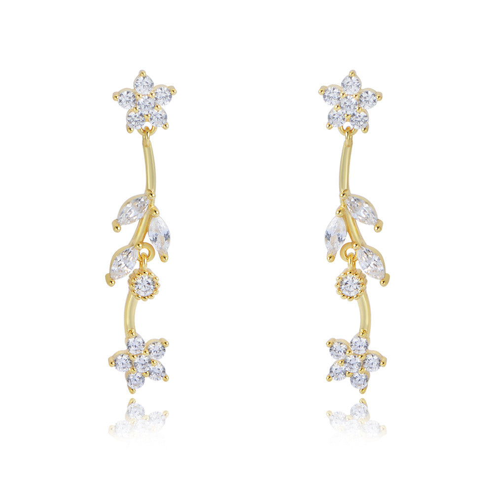 Long Leaf Flower Zircon Silver Drop Earrings for Women