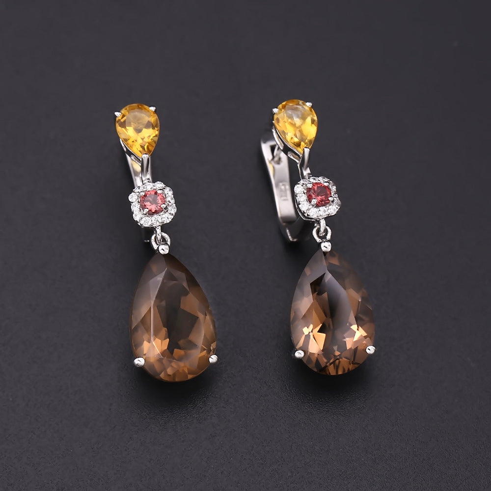 European Natural Gemstone Pear Shape Silver Drop Earrings for Women