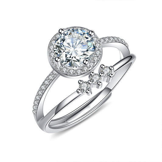 Round Zircon Soleste Halo Double Layer Silver Ring