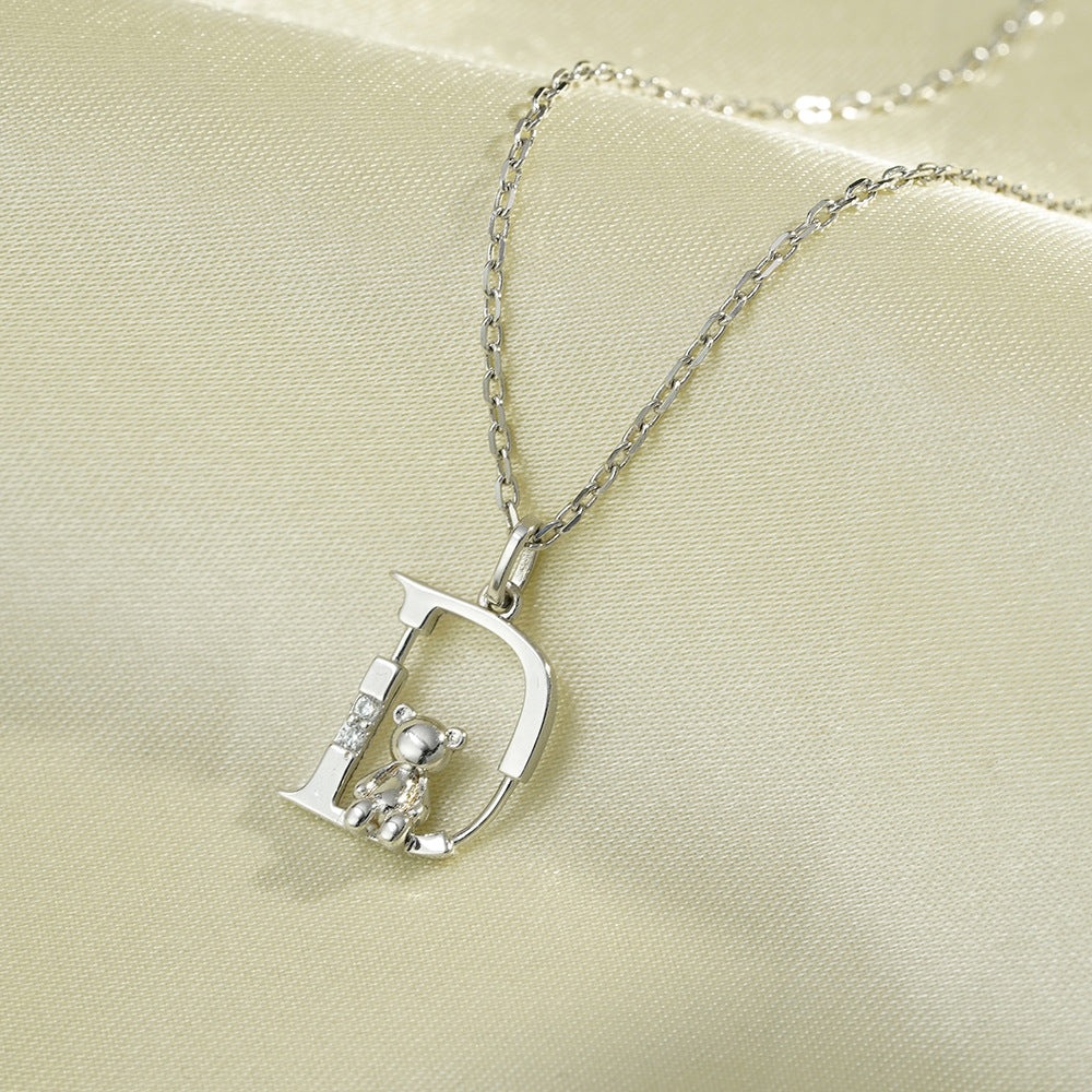 (Two Colours) Letter D with Little Bear Pendants 925 Silver Collarbone Necklace for Women