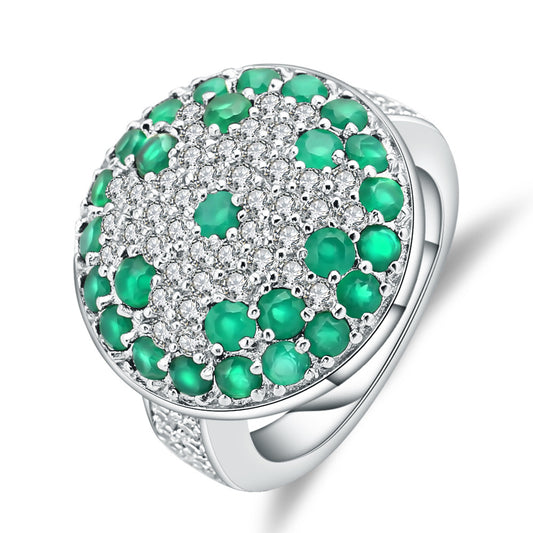 European Vintage Style Inlaid Green Agate Round Shape Silver Ring for Women