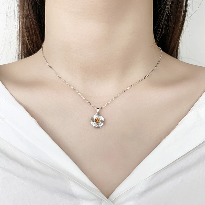 Flower with Zircon Pendant Silver Necklace for Women