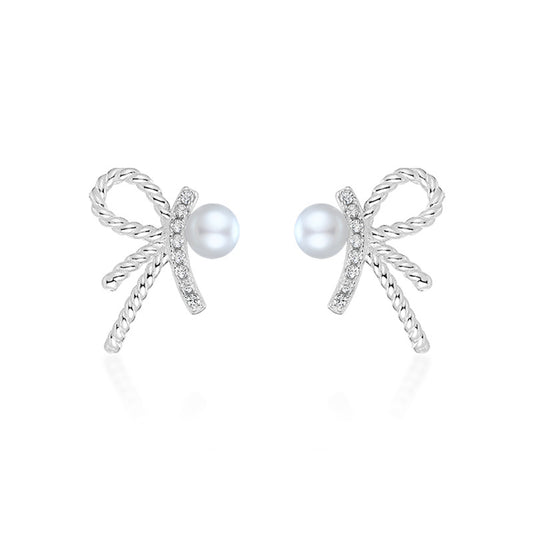 Zircon Bow with Pearl Silver Studs Earrings for Women