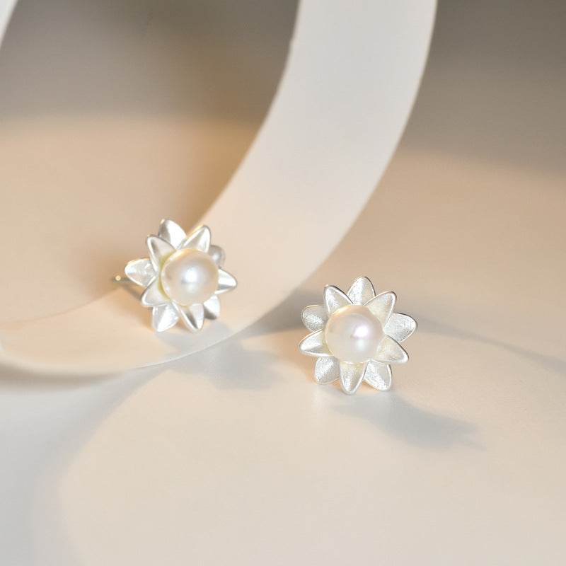 Frosting Flower with Freshwater Pearl Silver Stud Earrings for Women