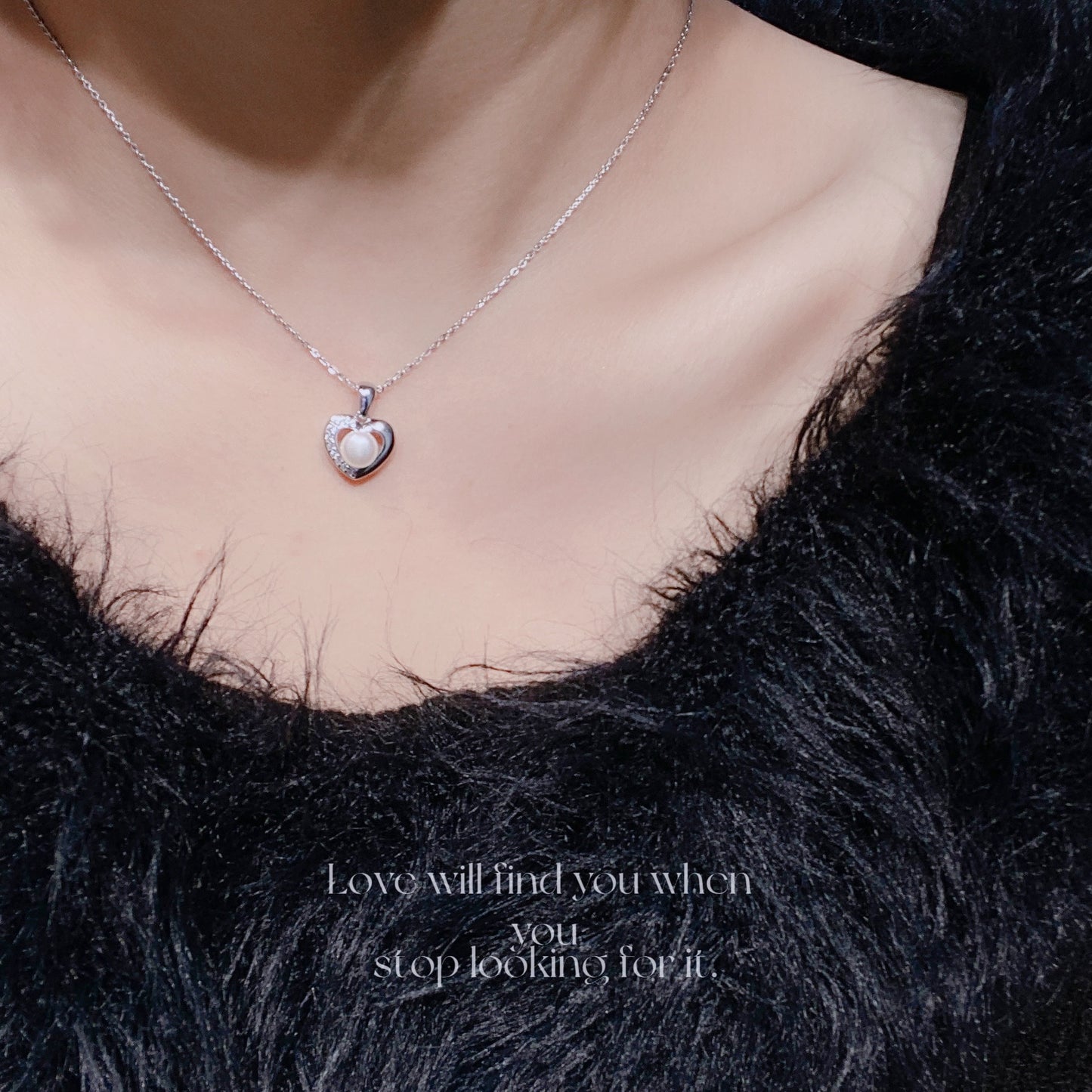 Half Zircon Hollow Heart with Natural Pearl Pendant Silver Necklace for Women