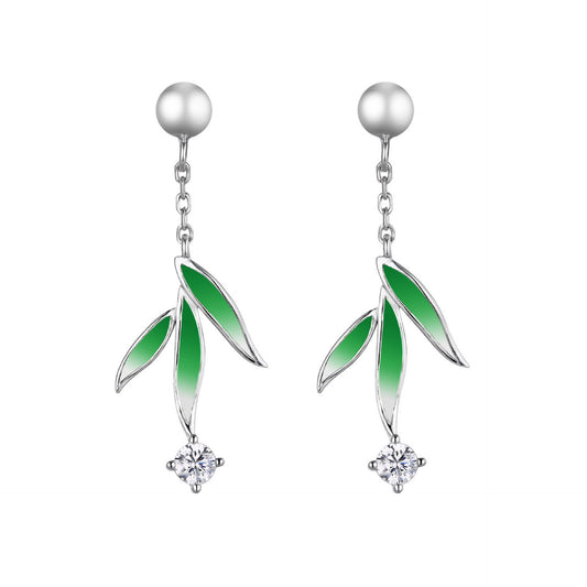 Gradient Bamboo Leaf with Zircon and Pearl Silver Drop Earrings for Women