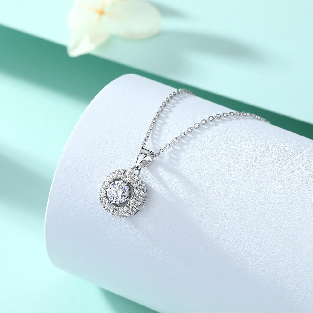 Arc Square Round Zircon Soleste Halo Pendant Silver Necklace for Women