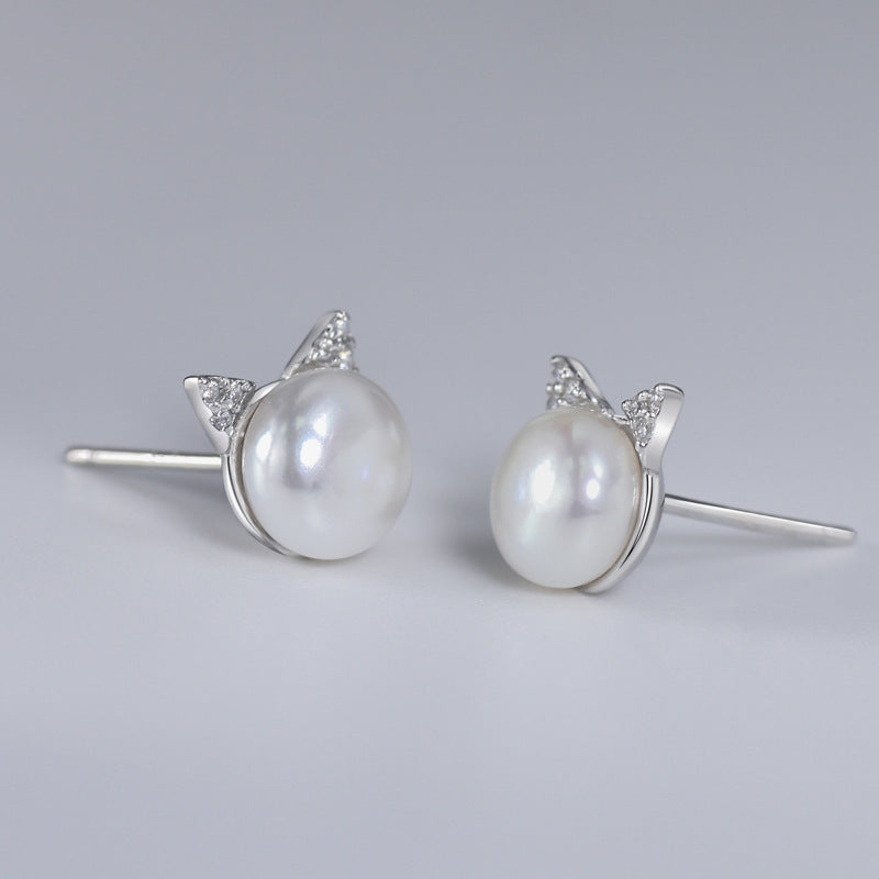 Freshwater Pearl Cat Head Silver Stud Earrings for Women