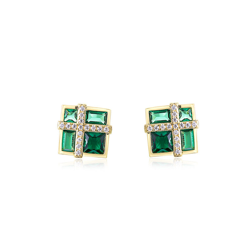 Green Zircon Square Silver Studs Earrings for Women