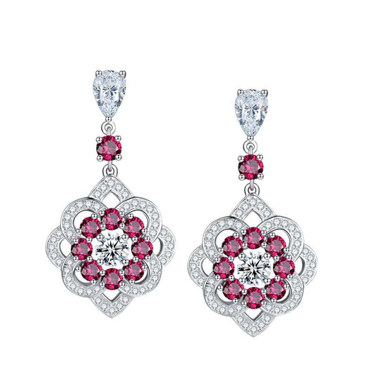 Lab-Created Ruby Flower Silver Drop Earrings for Women