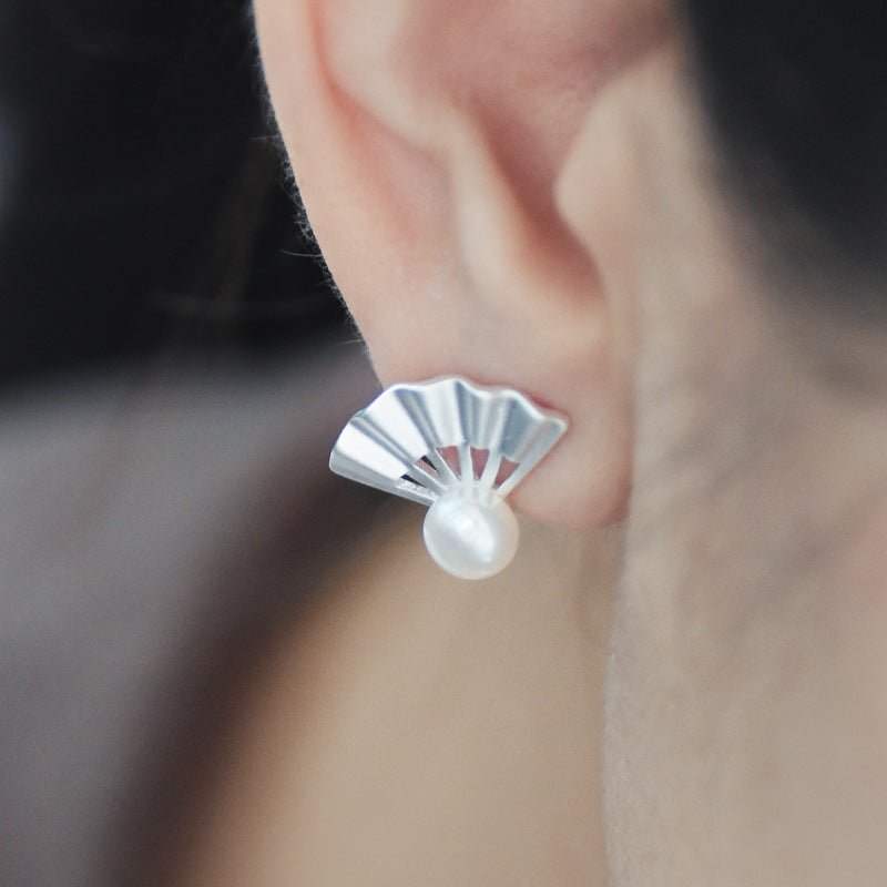 Frosting Folding Fan with Freshwater Pearl Silver Stud Earrings for Women