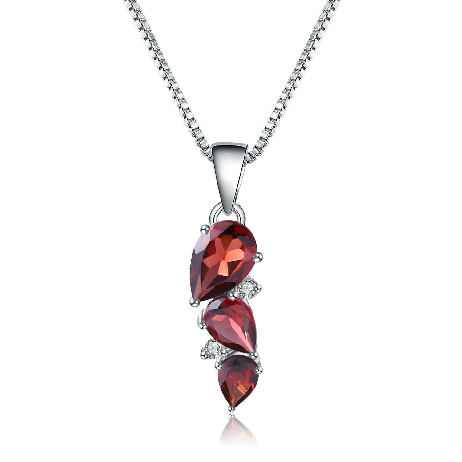 European Creative Fashion Style Inlaid Natural Garnet Three Stones Design Pendant Silver Necklace for Women