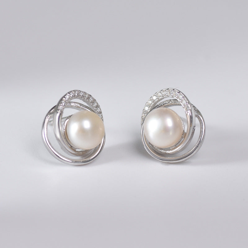 Freshwater Pearl Circling with zircon silver stud earrings for women