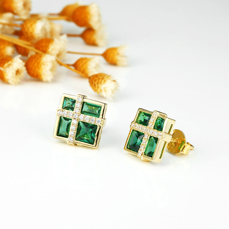 Green Zircon Square Silver Studs Earrings for Women