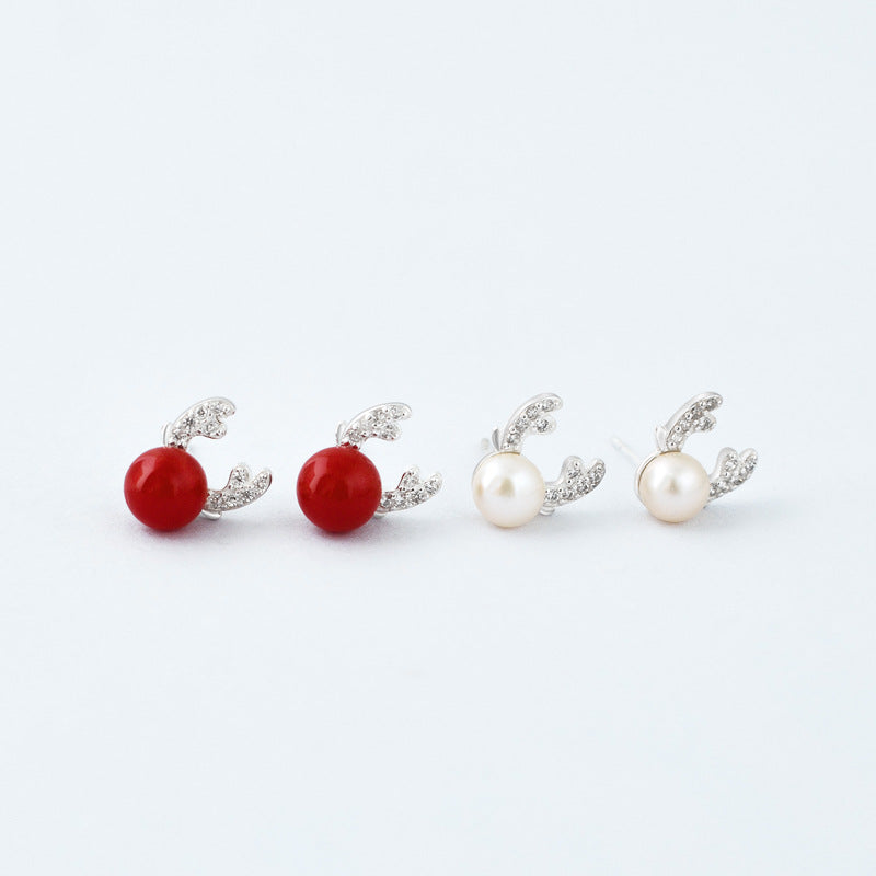 Pearl Deer with Zircon Antler Silver Stud Earrings for Women