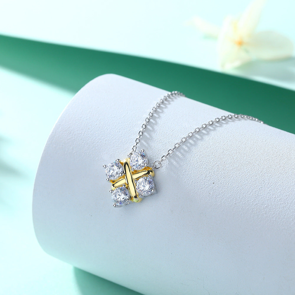 X-shaped Square with Round Zircon Pendant Silver Necklace for Women