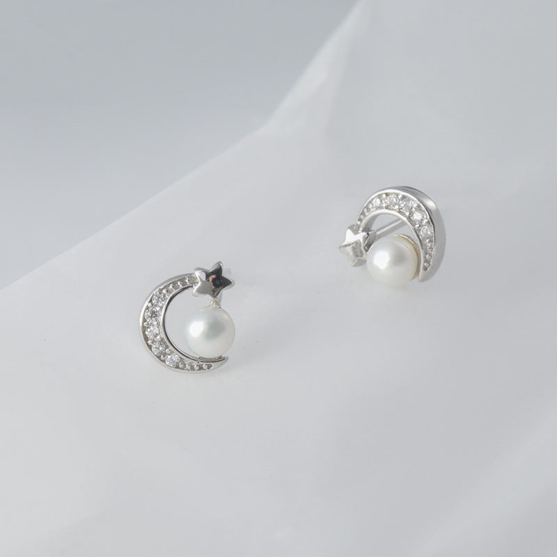 Zircon Moon Star with Freshwater Pearl D Shape Silver Stud Earrings for Women