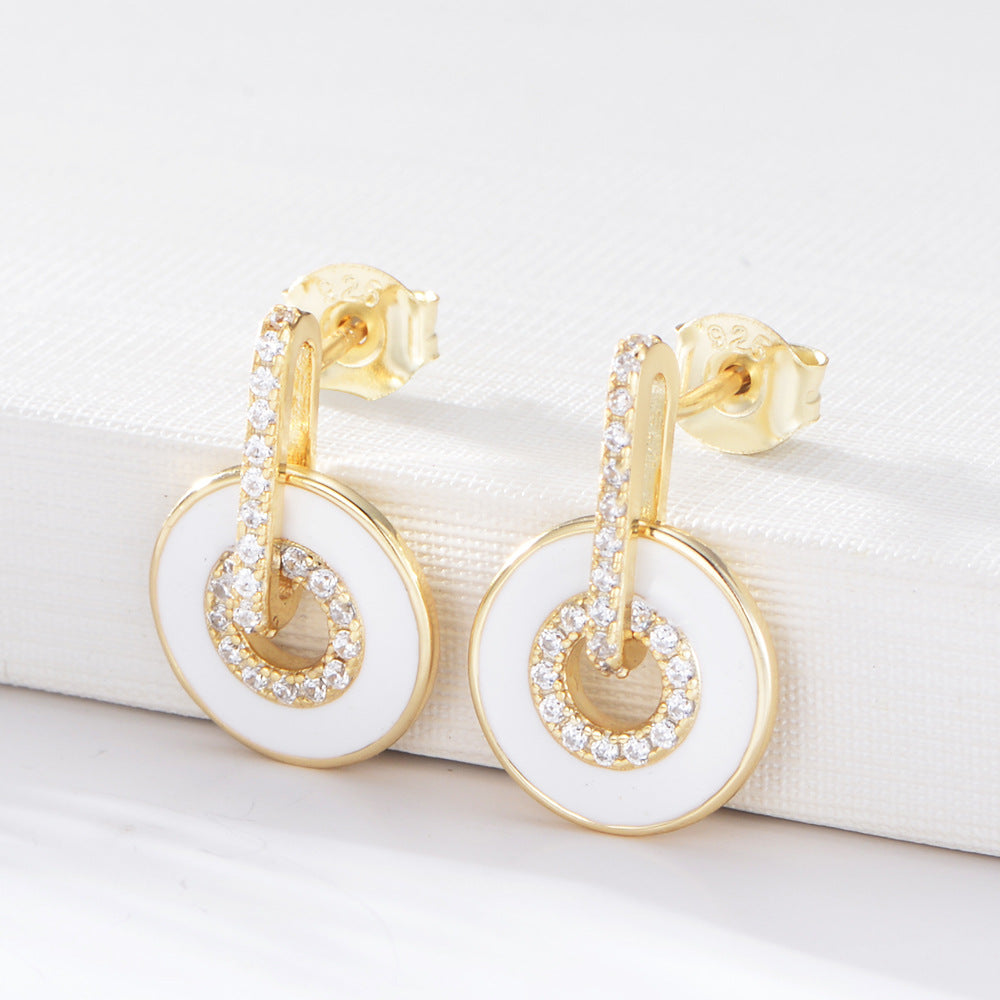 Circle with Zircon Enamel Sterling Silver Drop Earrings