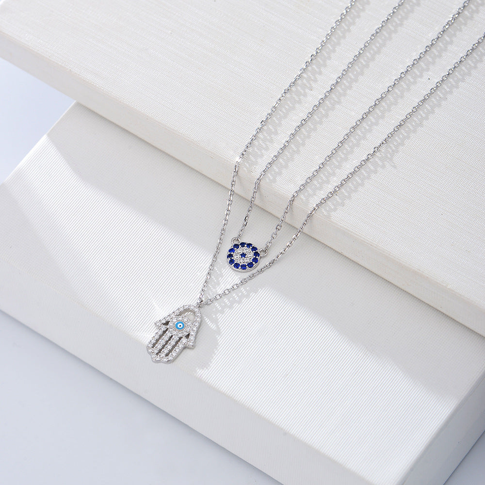 Devil‘s Eye Hamsa Palm with Zircon Double Silver Necklace for Women