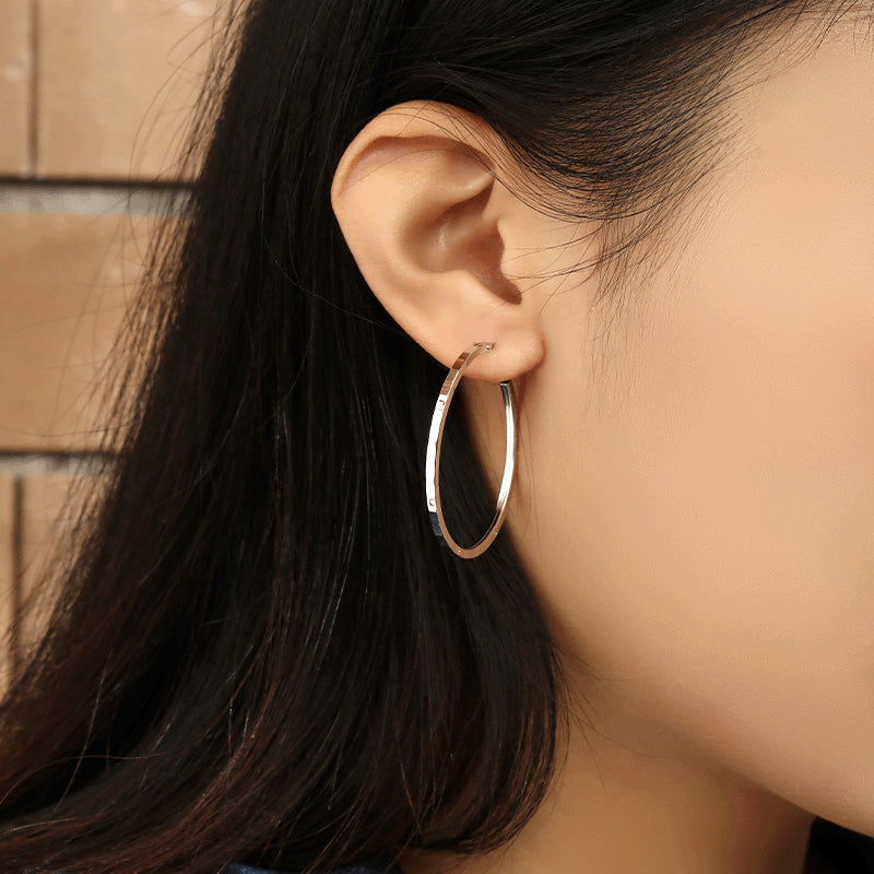 Concave-convex Rectangle Pattern Big Silver Hoop Earrings for Women