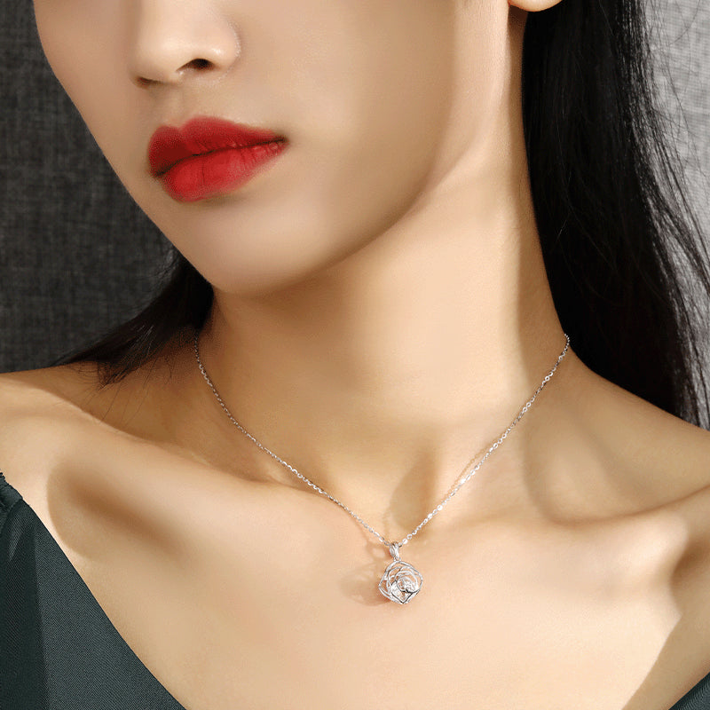 Hollow Rose with Round Zircon Pendant Silver Necklace for Women