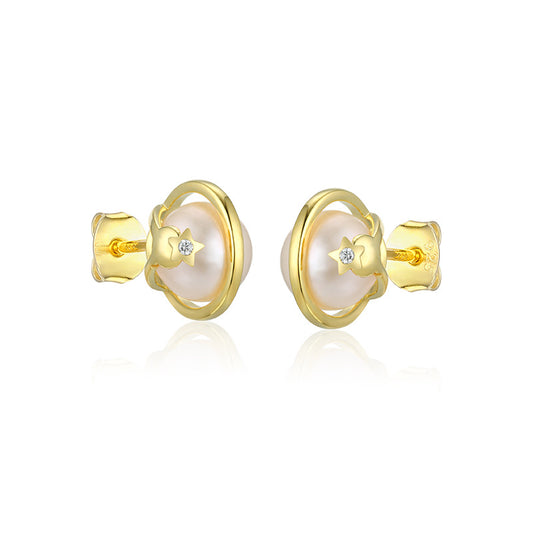 Freshwater Pearl Planet with Zircon Silver Studs Earrings for Women