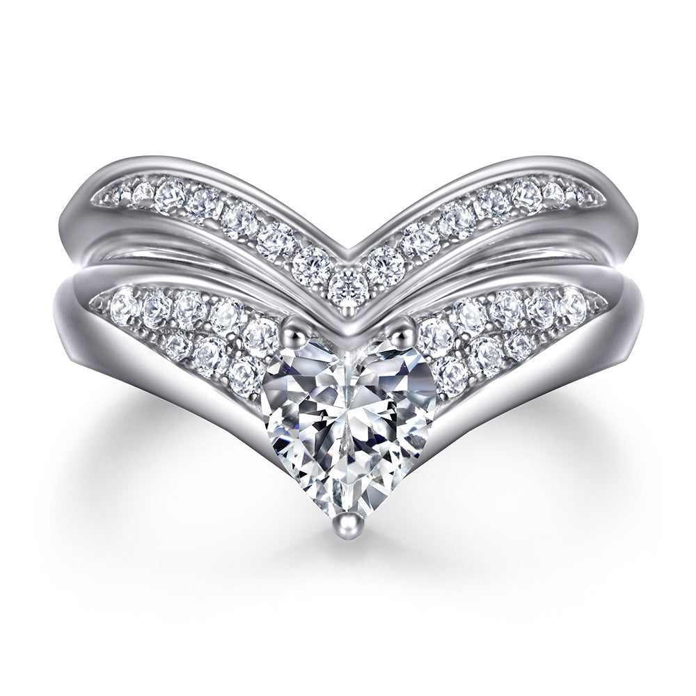 Heart-shaped Zircon V-shape Silver Ring Set for Women