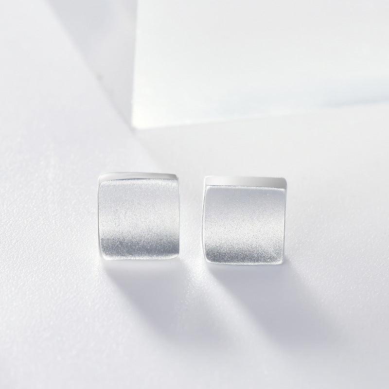 Frosted Curved Surface Square Silver Stud Earrings for Women