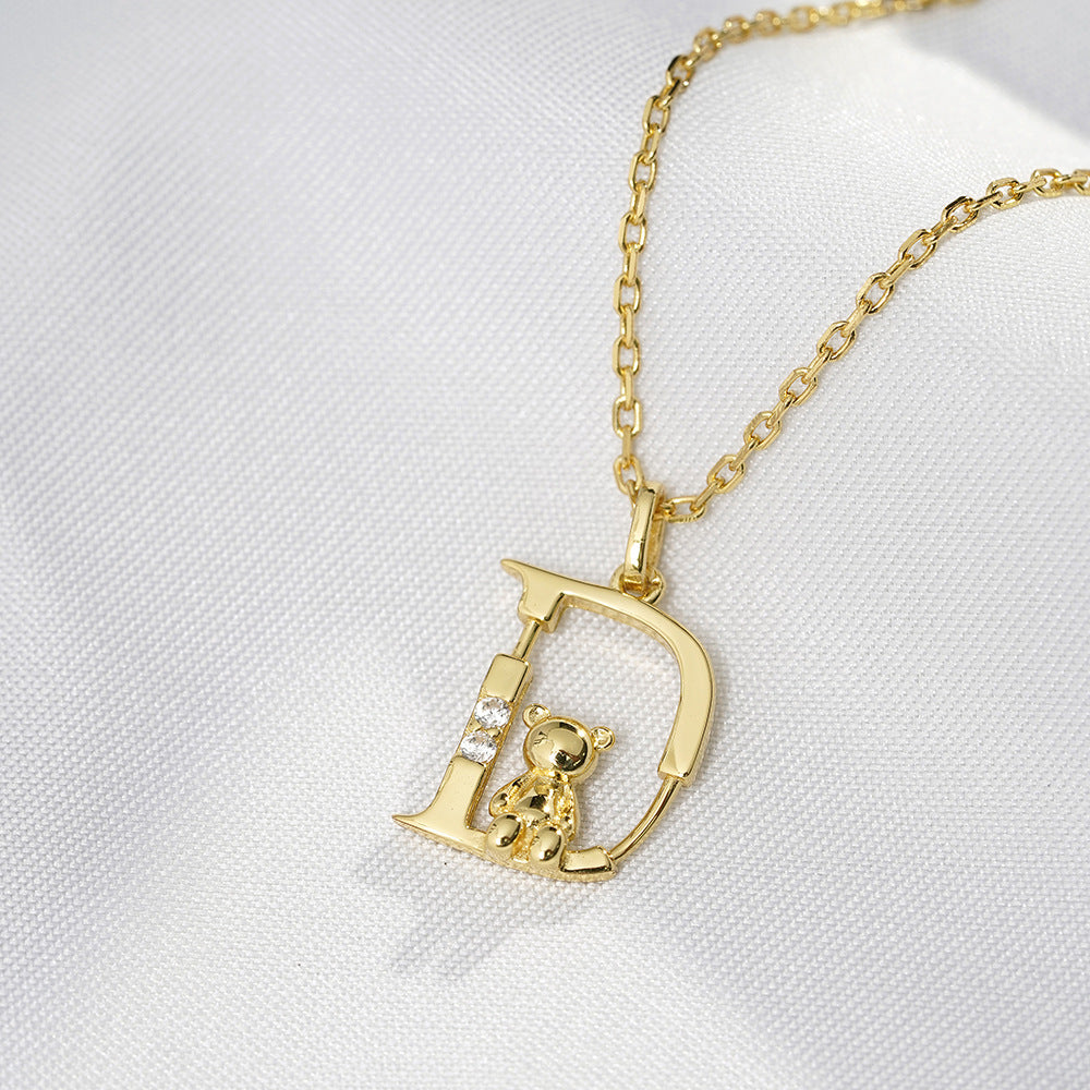 (Two Colours) Letter D with Little Bear Pendants 925 Silver Collarbone Necklace for Women