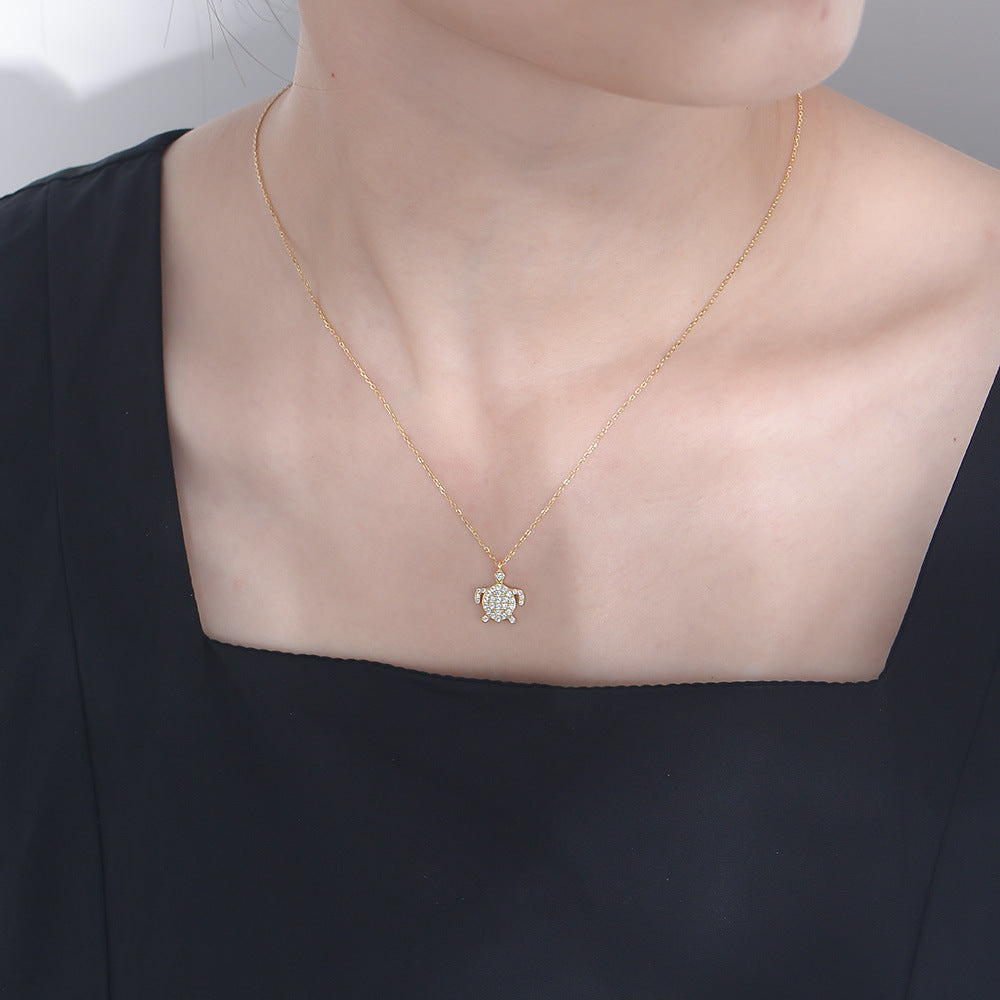 White Zircon Turtle Pendant Sterling Silver Collarbone Necklace for Women