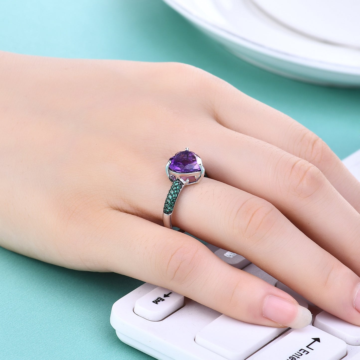 Natural Colourful Gemstone Thorn Bud Design Love Shape Sterling Silver Ring for Women