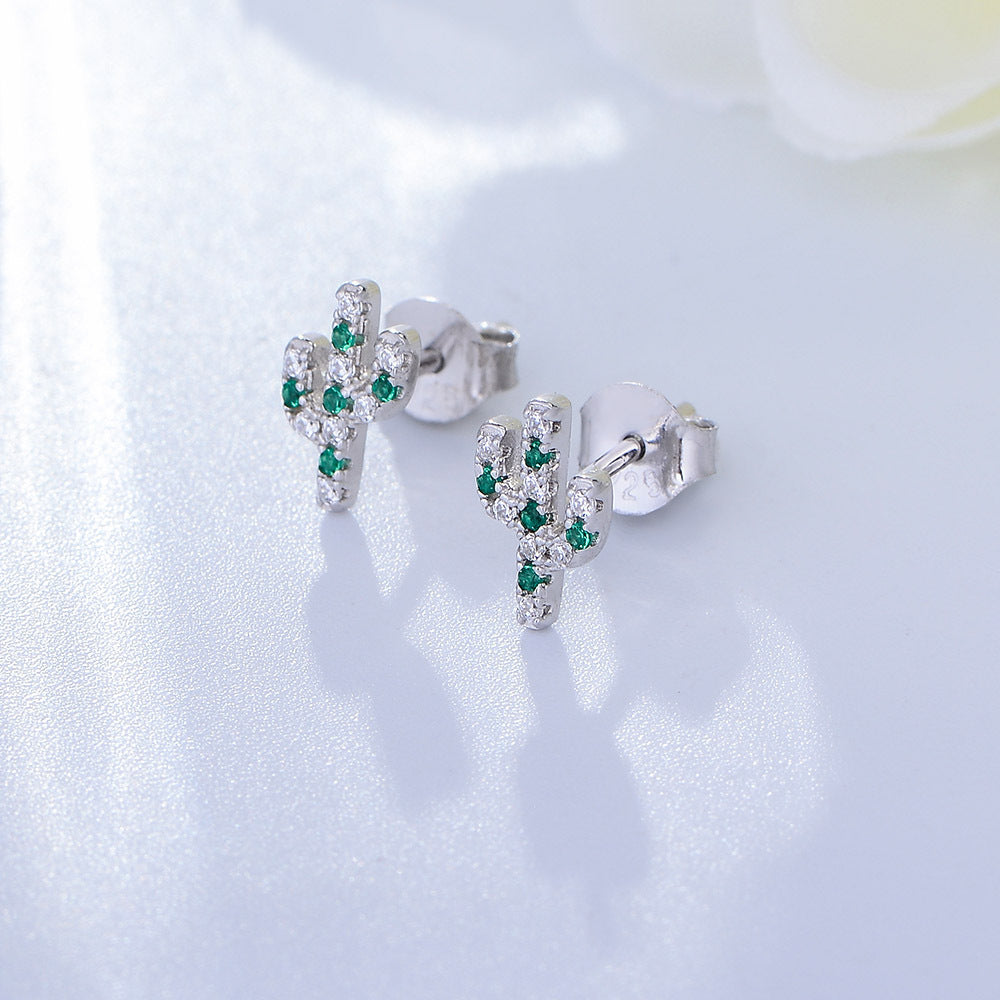 Small Zircon Cactus Silver Studs Earrings for Women