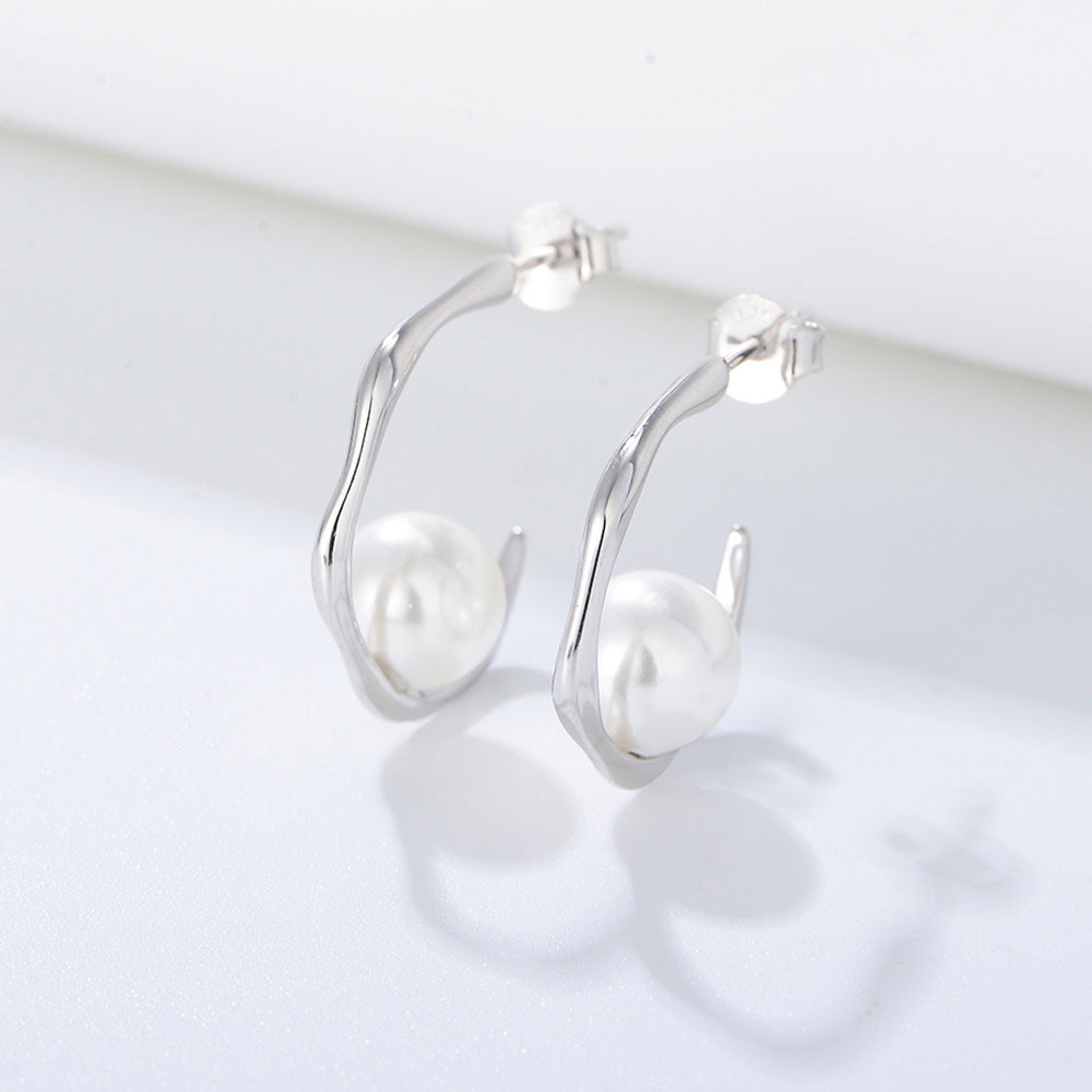 Single Pearl Geometric C-shaped Silver Studs Earrings for Women