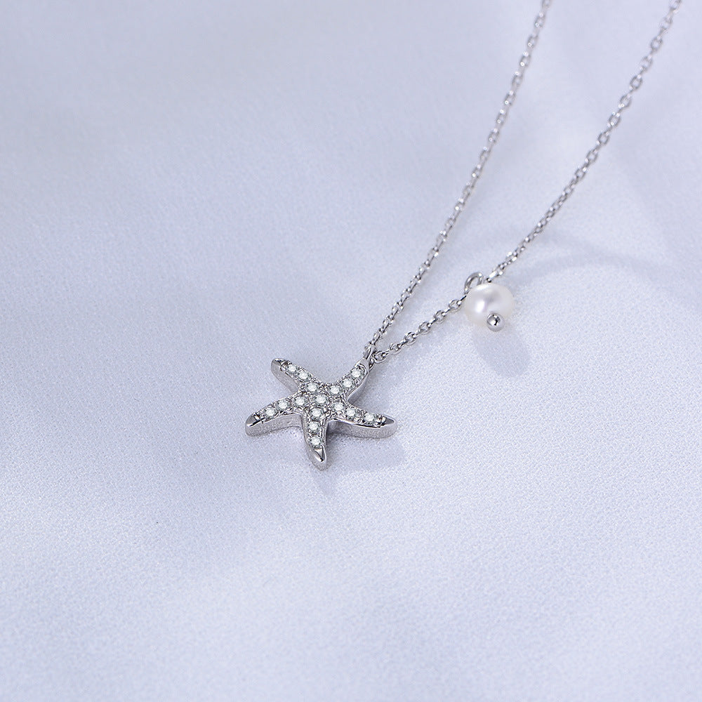 Full Zircon Starfish with Pearl Sterling Silver Collarbone Necklace for Women