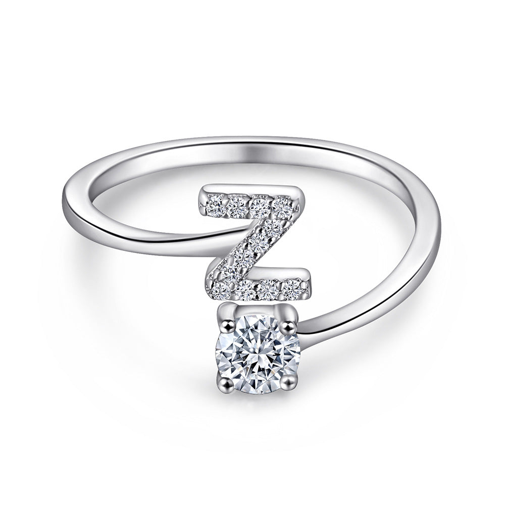 26 Letters with Round Zircon Silver Ring for Women