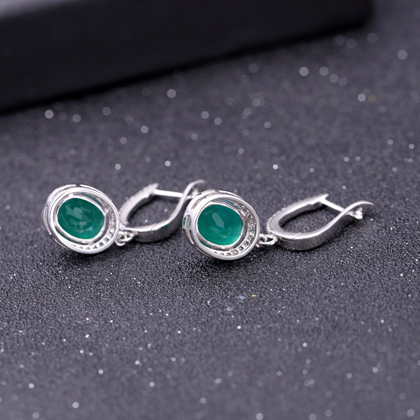 Green Agate Soleste Halo Oval Shape Silver Drop Earrings for Women