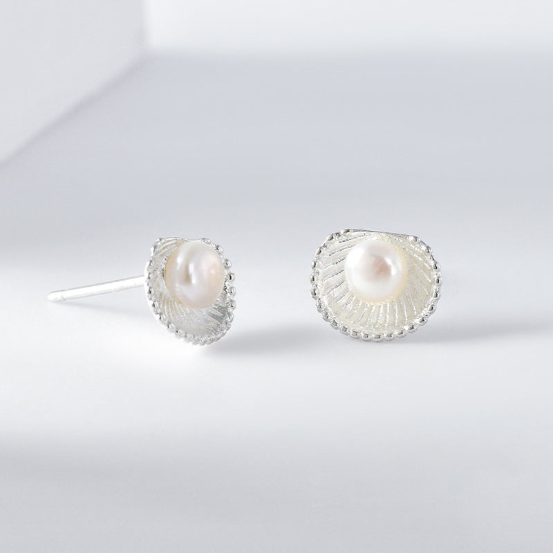 Freshwater Pearl Scallop Silver Stud Earrings for Women