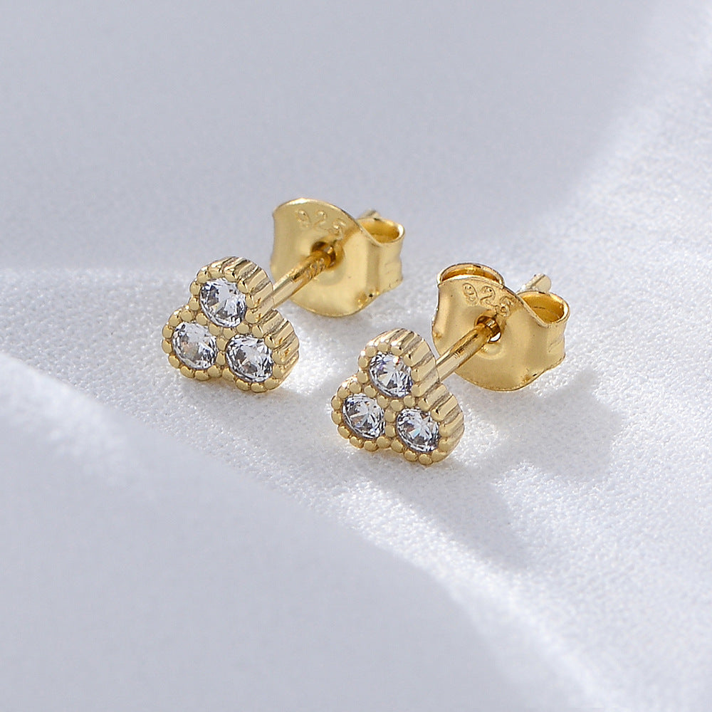 Mini Three Zircons Silver Studs Earrings for Women