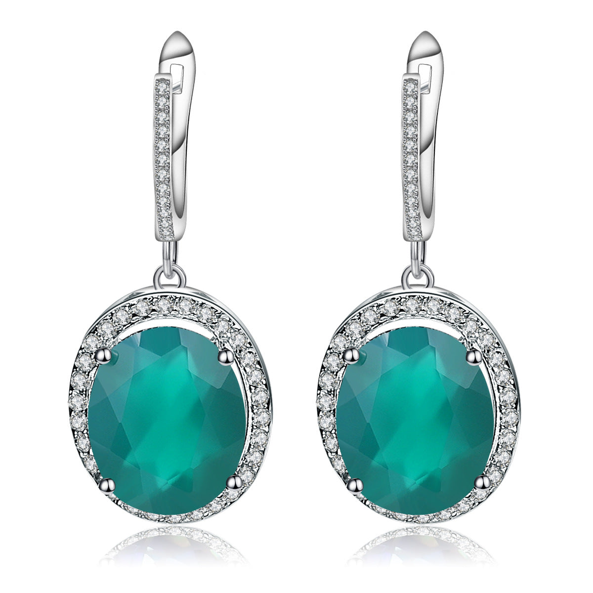 Green Agate Soleste Halo Oval Shape Silver Drop Earrings for Women