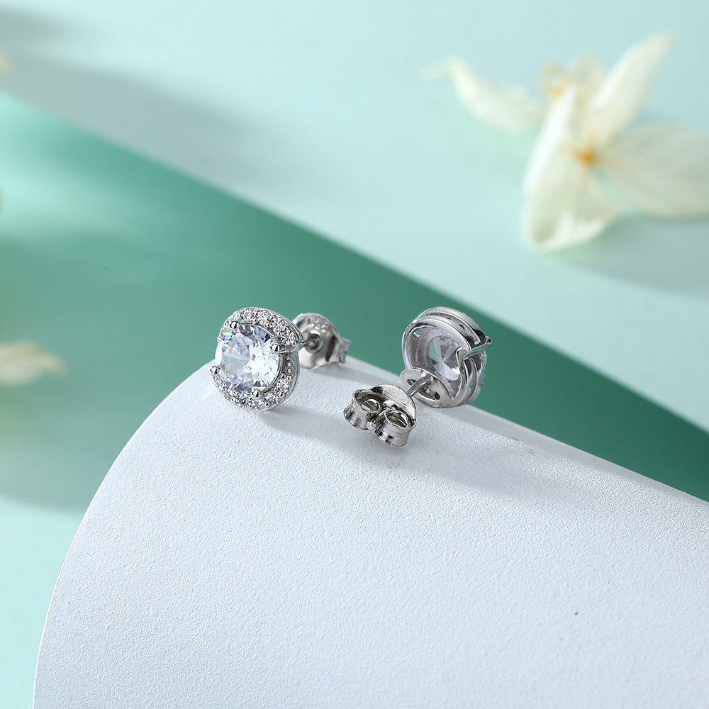 Rotate Shape with Round Zircon Silver Studs Earrings for Women