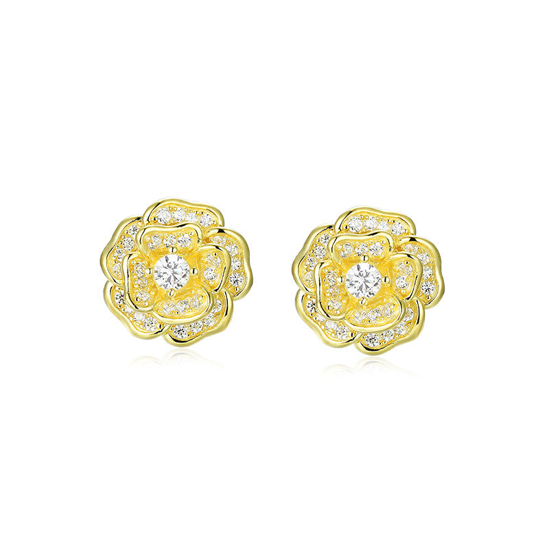 Zircon Camellia Silver Studs Earrings for Women