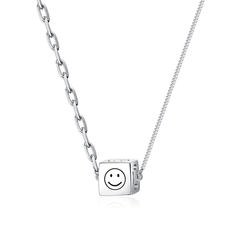 Smiley Face Cube Pendant Silver Necklace for Women