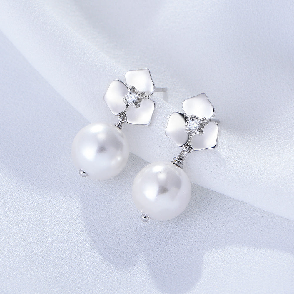 Ball Pearl with Flower Silver Drop Earrings for Women