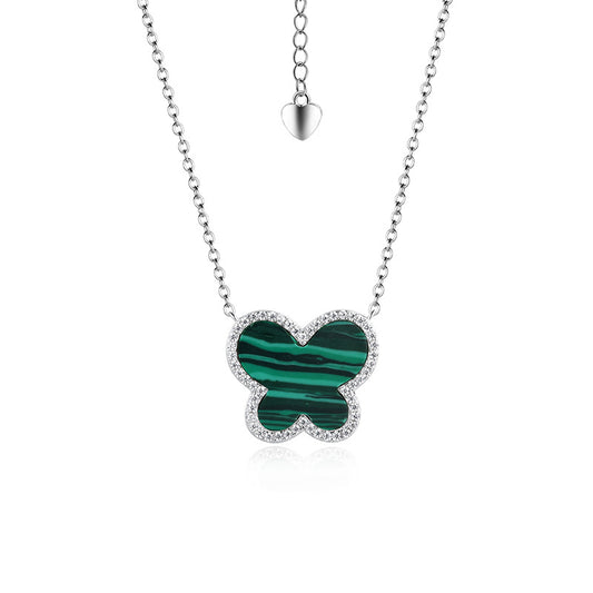 Malachite Butterfly with Zircon Pendant Silver Necklace for Women