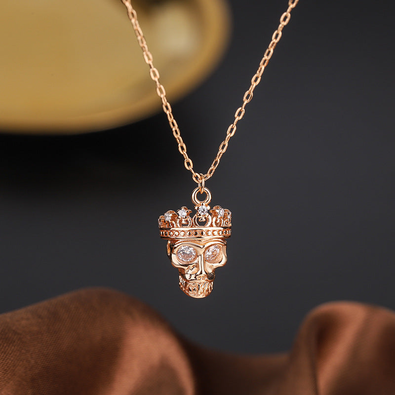 Retro Crown Skull with Zircon Pendant Silver Necklace for Women