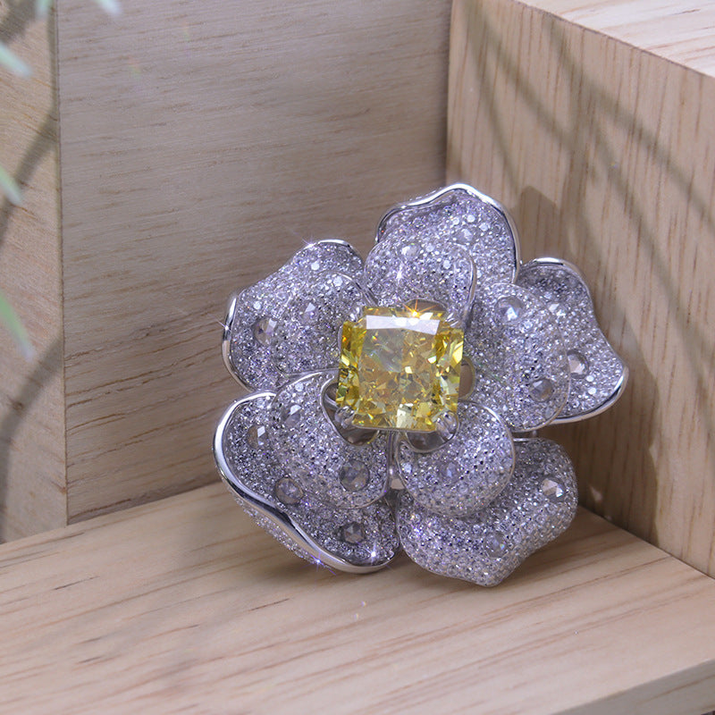 Yellow Zircon 10*10mm Square Ice Cut Luxurious Flower Silver Ring for Women