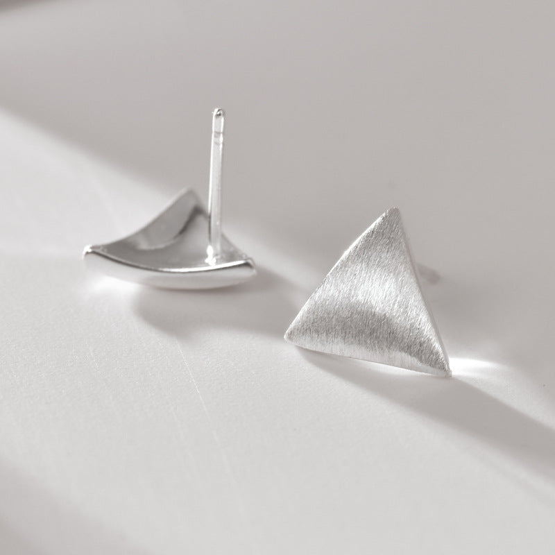 Brushed Curved Surface Triangle Silver Stud Earrings for Women