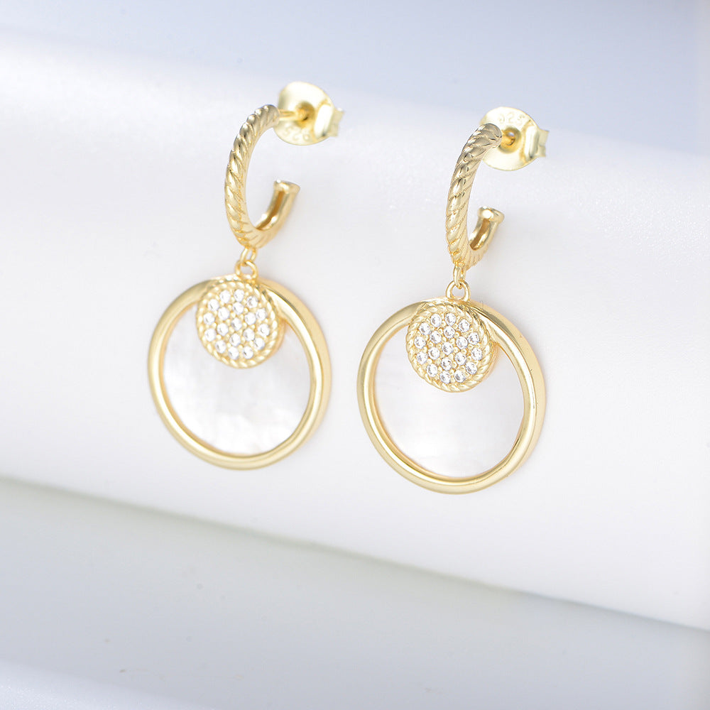 Mother of Pearl Geometric Circle with Zircon Silver Drop Earrings for Women